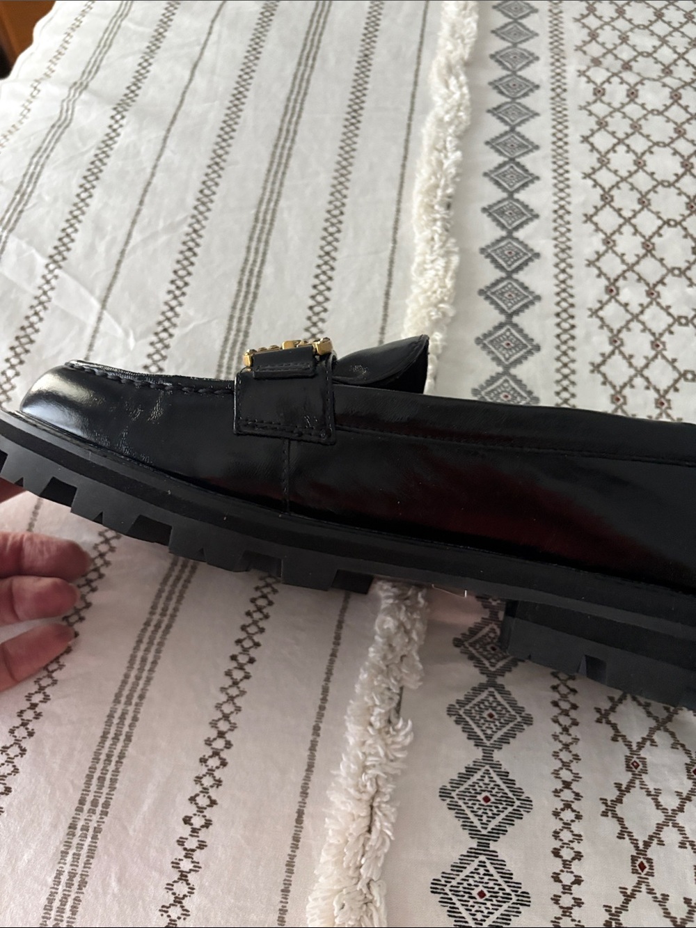 Kurt Geiger Black Patent Loafers with Gold Medallion - Picture 2 of 3